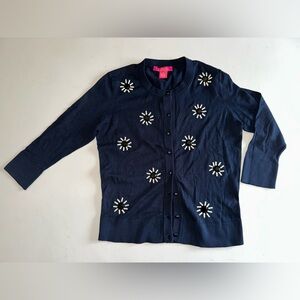 Catherines Navy Embellished Cardigan with Floral Gem Accents Medium